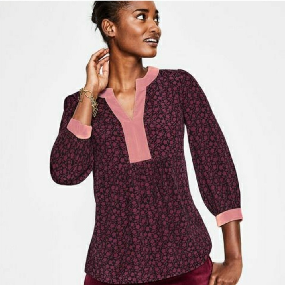 Boden Burgundy Floral Print Blouse with Pink Trim